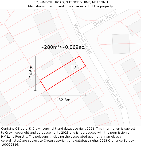 17, WINDMILL ROAD, SITTINGBOURNE, ME10 2NU: Plot and title map