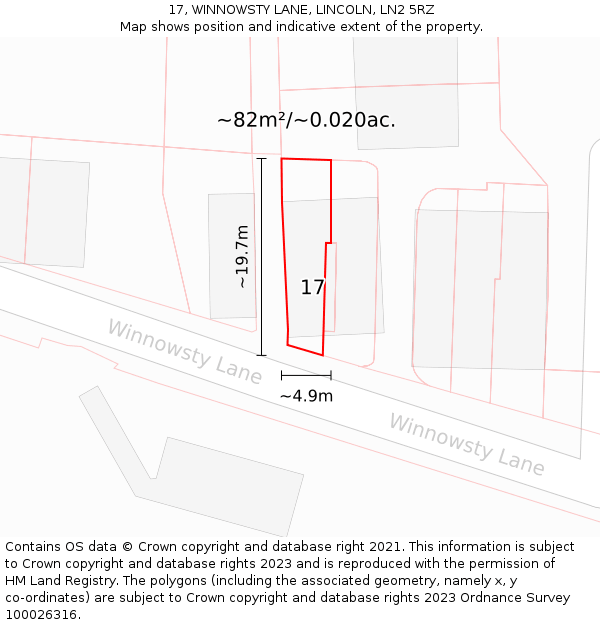 17, WINNOWSTY LANE, LINCOLN, LN2 5RZ: Plot and title map