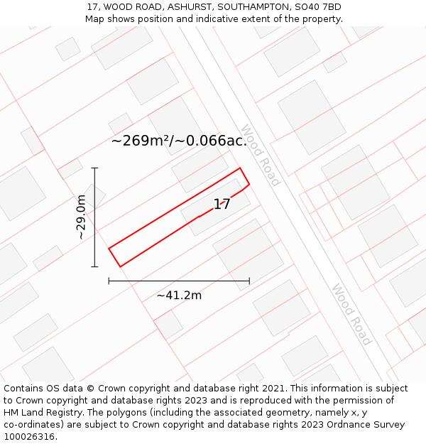 17, WOOD ROAD, ASHURST, SOUTHAMPTON, SO40 7BD: Plot and title map