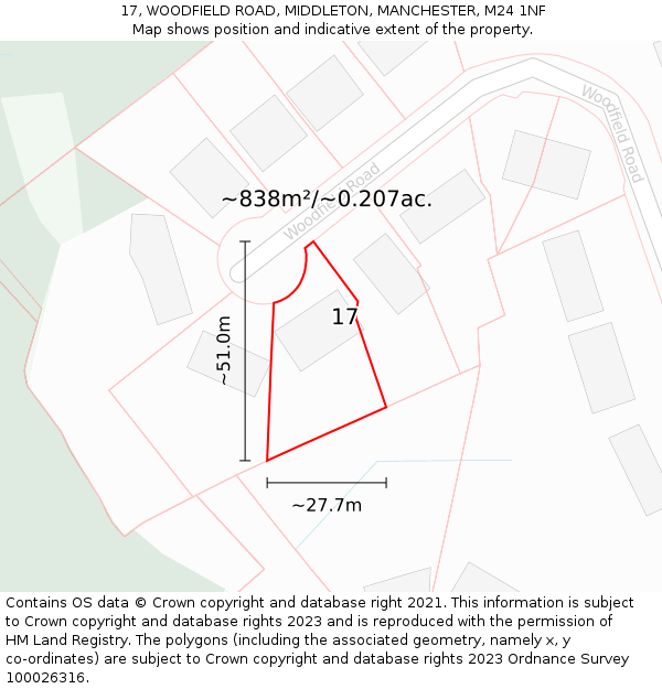 17, WOODFIELD ROAD, MIDDLETON, MANCHESTER, M24 1NF: Plot and title map