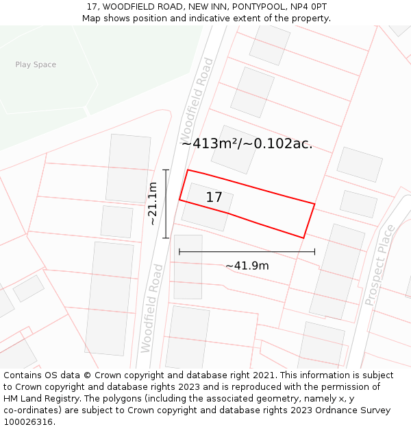 17, WOODFIELD ROAD, NEW INN, PONTYPOOL, NP4 0PT: Plot and title map