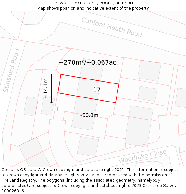 17, WOODLAKE CLOSE, POOLE, BH17 9FE: Plot and title map