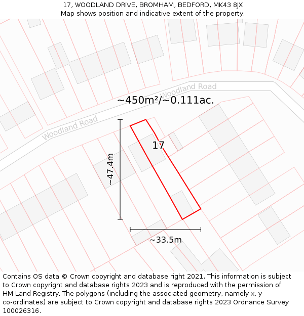 17, WOODLAND DRIVE, BROMHAM, BEDFORD, MK43 8JX: Plot and title map