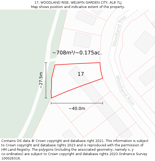 17, WOODLAND RISE, WELWYN GARDEN CITY, AL8 7LJ: Plot and title map