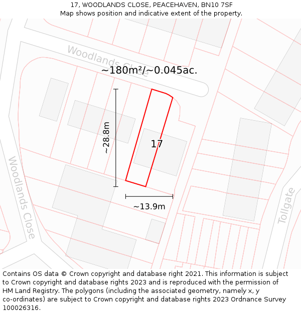 17, WOODLANDS CLOSE, PEACEHAVEN, BN10 7SF: Plot and title map