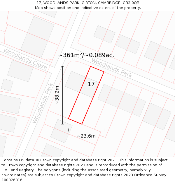 17, WOODLANDS PARK, GIRTON, CAMBRIDGE, CB3 0QB: Plot and title map