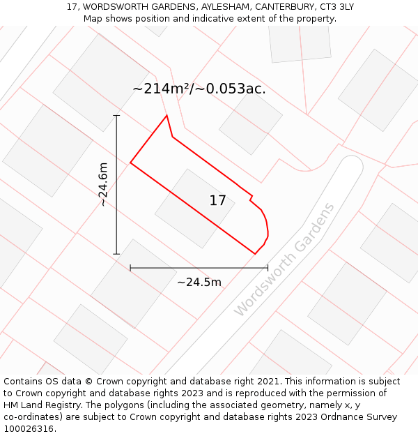 17, WORDSWORTH GARDENS, AYLESHAM, CANTERBURY, CT3 3LY: Plot and title map