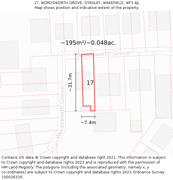 17, WORDSWORTH GROVE, STANLEY, WAKEFIELD, WF3 4JL: Plot and title map
