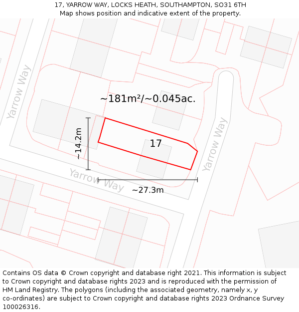 17, YARROW WAY, LOCKS HEATH, SOUTHAMPTON, SO31 6TH: Plot and title map