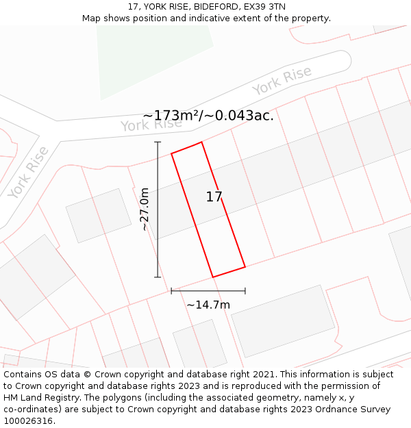 17, YORK RISE, BIDEFORD, EX39 3TN: Plot and title map