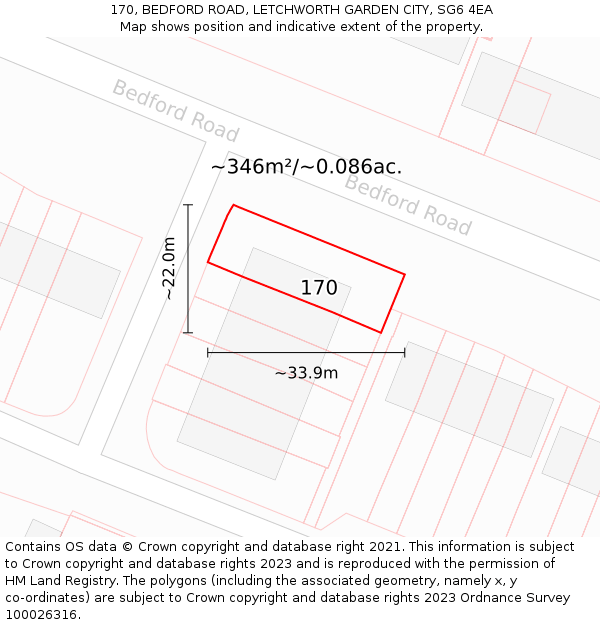 170, BEDFORD ROAD, LETCHWORTH GARDEN CITY, SG6 4EA: Plot and title map