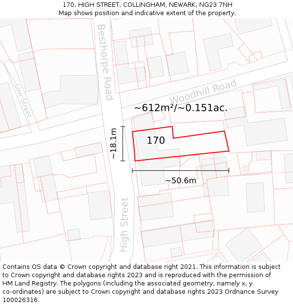 170, HIGH STREET, COLLINGHAM, NEWARK, NG23 7NH: Plot and title map