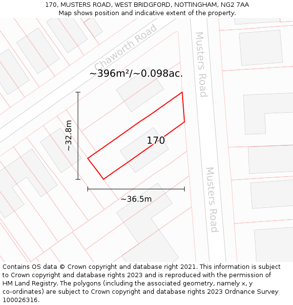 170, MUSTERS ROAD, WEST BRIDGFORD, NOTTINGHAM, NG2 7AA: Plot and title map