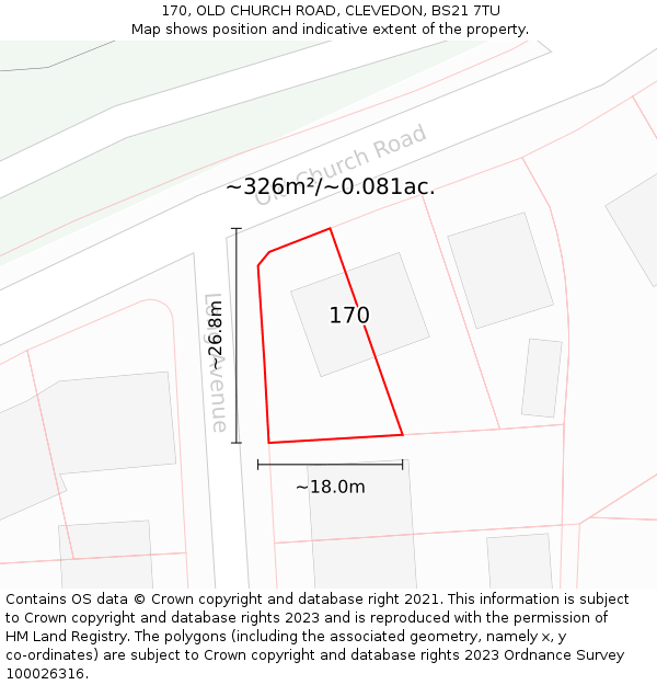 170, OLD CHURCH ROAD, CLEVEDON, BS21 7TU: Plot and title map