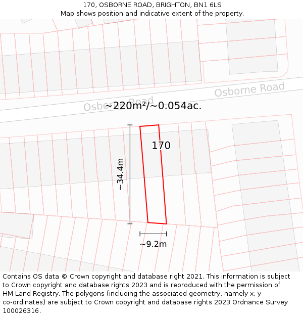 170, OSBORNE ROAD, BRIGHTON, BN1 6LS: Plot and title map