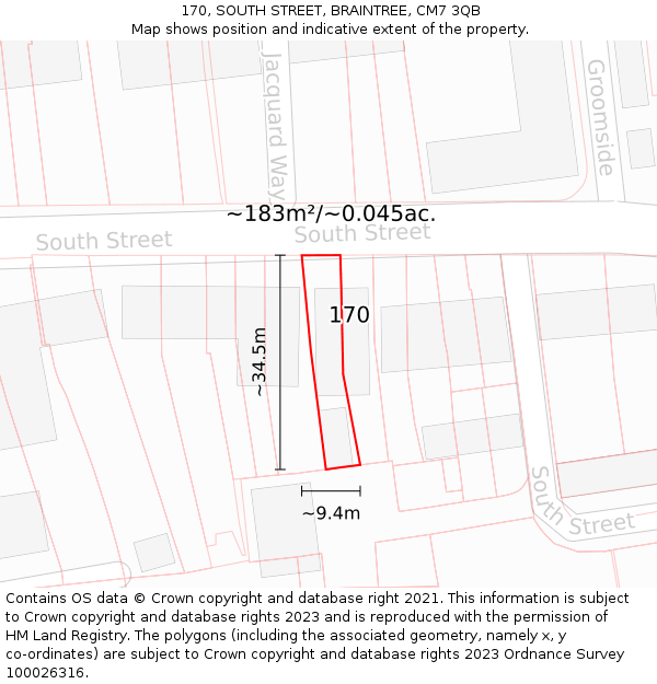 170, SOUTH STREET, BRAINTREE, CM7 3QB: Plot and title map