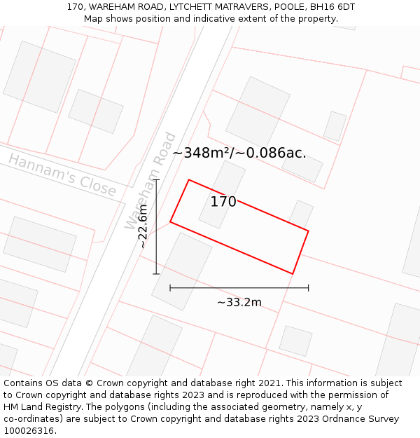 170, WAREHAM ROAD, LYTCHETT MATRAVERS, POOLE, BH16 6DT: Plot and title map