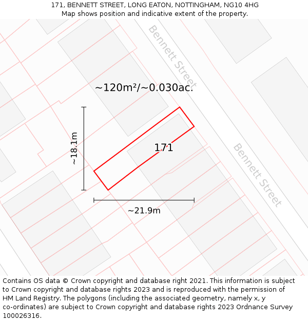 171, BENNETT STREET, LONG EATON, NOTTINGHAM, NG10 4HG: Plot and title map