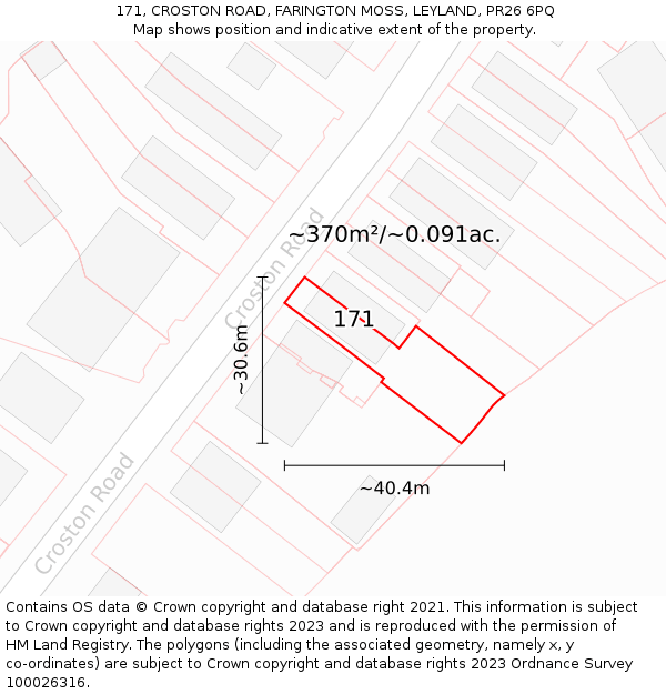 171, CROSTON ROAD, FARINGTON MOSS, LEYLAND, PR26 6PQ: Plot and title map