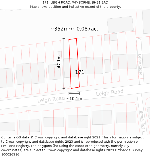 171, LEIGH ROAD, WIMBORNE, BH21 2AD: Plot and title map