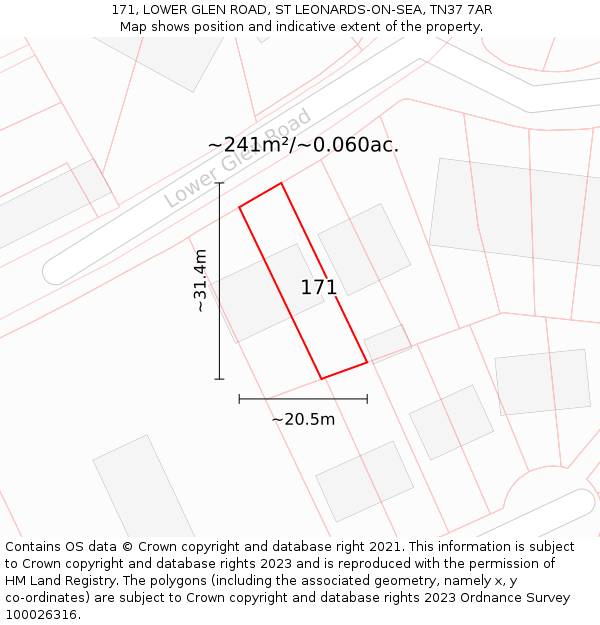 171, LOWER GLEN ROAD, ST LEONARDS-ON-SEA, TN37 7AR: Plot and title map