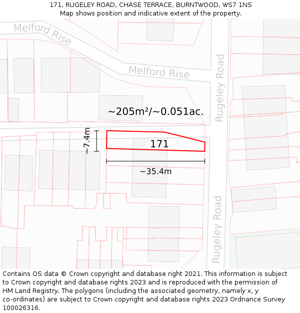 171, RUGELEY ROAD, CHASE TERRACE, BURNTWOOD, WS7 1NS: Plot and title map