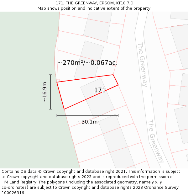 171, THE GREENWAY, EPSOM, KT18 7JD: Plot and title map