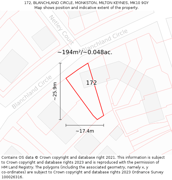 172, BLANCHLAND CIRCLE, MONKSTON, MILTON KEYNES, MK10 9GY: Plot and title map