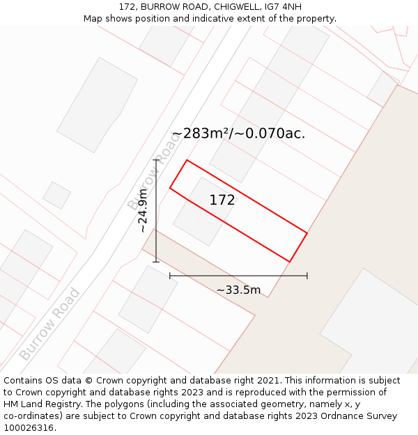 172, BURROW ROAD, CHIGWELL, IG7 4NH: Plot and title map