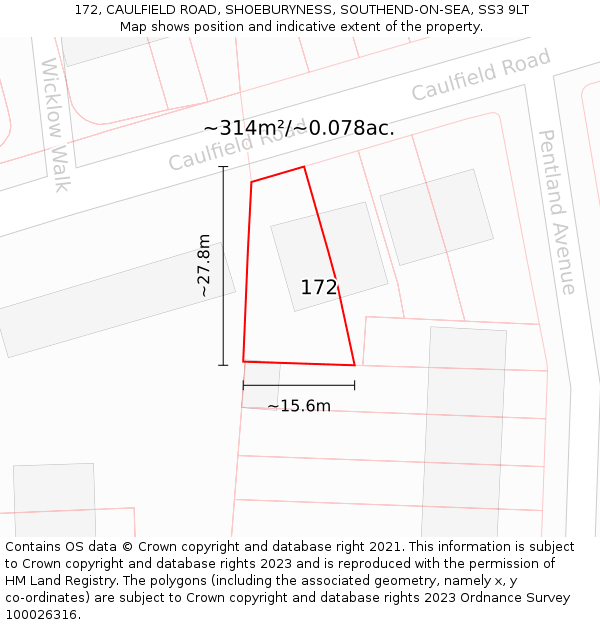 172, CAULFIELD ROAD, SHOEBURYNESS, SOUTHEND-ON-SEA, SS3 9LT: Plot and title map