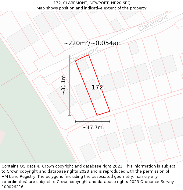 172, CLAREMONT, NEWPORT, NP20 6PQ: Plot and title map