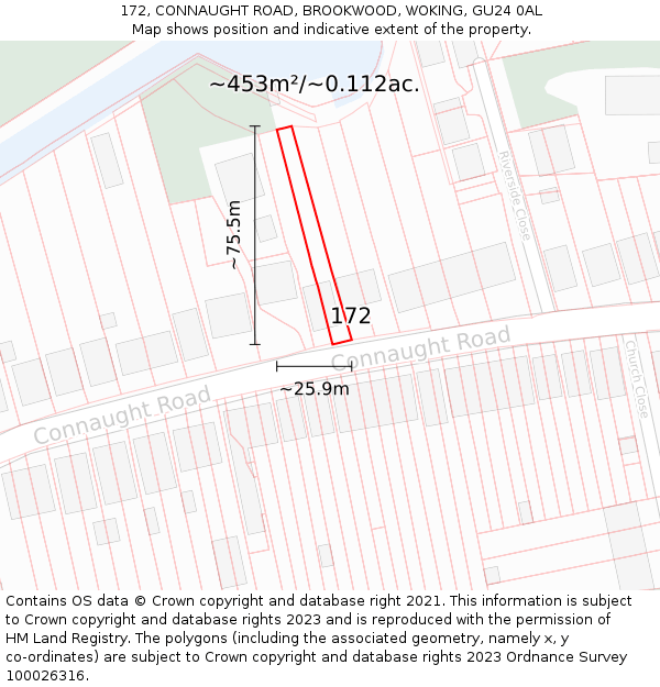 172, CONNAUGHT ROAD, BROOKWOOD, WOKING, GU24 0AL: Plot and title map