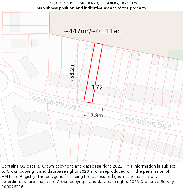 172, CRESSINGHAM ROAD, READING, RG2 7LW: Plot and title map