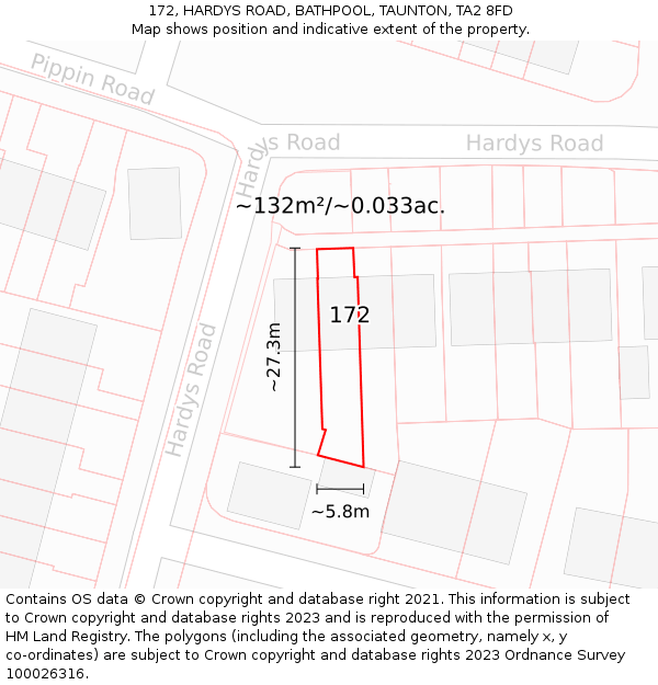 172, HARDYS ROAD, BATHPOOL, TAUNTON, TA2 8FD: Plot and title map