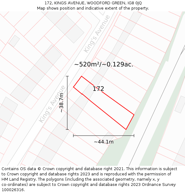 172, KINGS AVENUE, WOODFORD GREEN, IG8 0JQ: Plot and title map