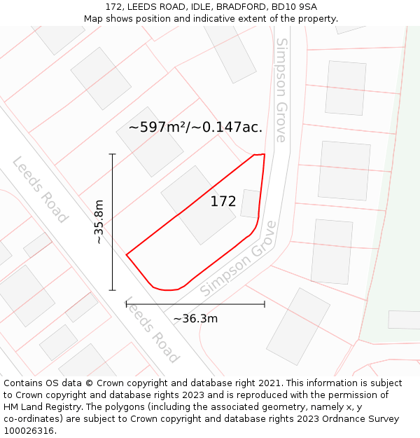 172, LEEDS ROAD, IDLE, BRADFORD, BD10 9SA: Plot and title map