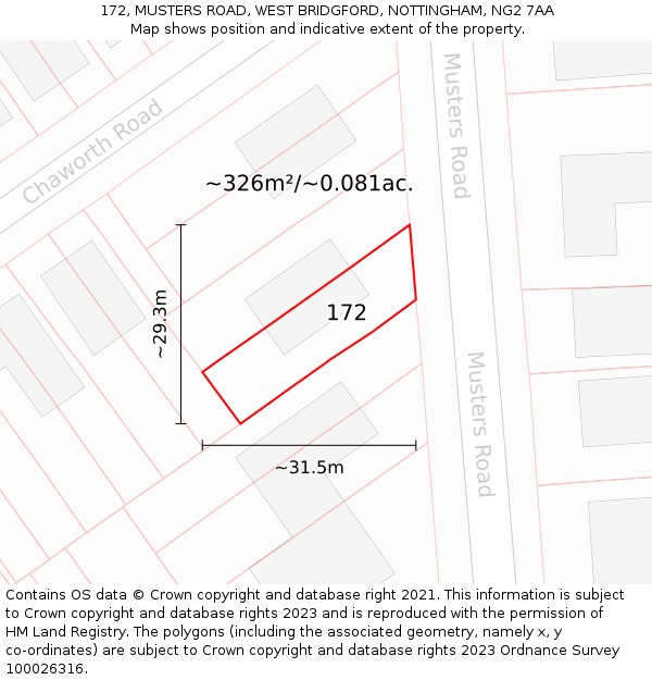 172, MUSTERS ROAD, WEST BRIDGFORD, NOTTINGHAM, NG2 7AA: Plot and title map