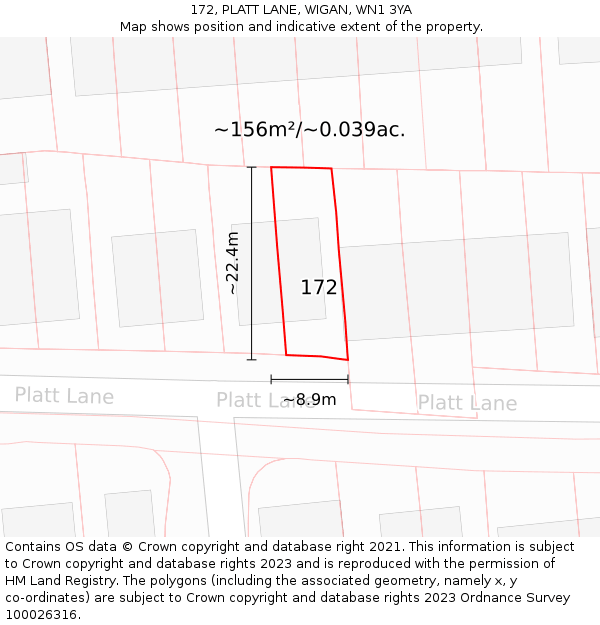 172, PLATT LANE, WIGAN, WN1 3YA: Plot and title map