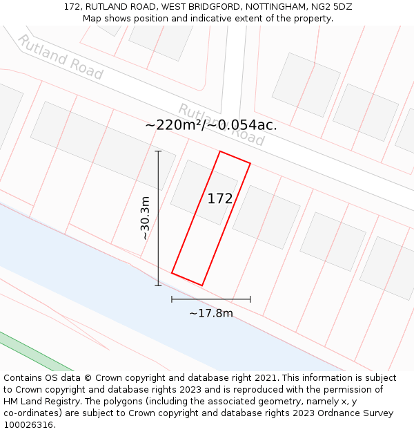 172, RUTLAND ROAD, WEST BRIDGFORD, NOTTINGHAM, NG2 5DZ: Plot and title map