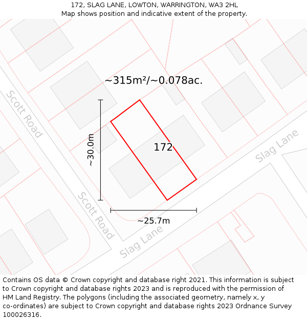 172, SLAG LANE, LOWTON, WARRINGTON, WA3 2HL: Plot and title map