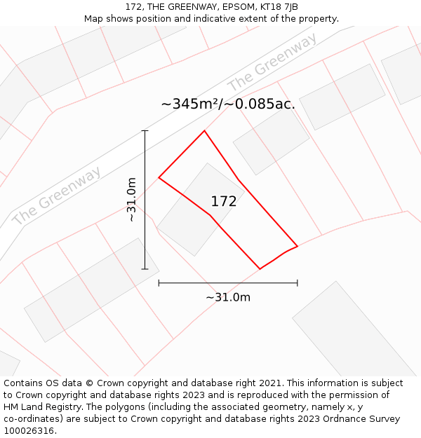 172, THE GREENWAY, EPSOM, KT18 7JB: Plot and title map