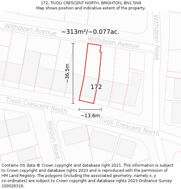 172, TIVOLI CRESCENT NORTH, BRIGHTON, BN1 5NA: Plot and title map