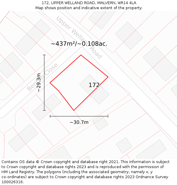 172, UPPER WELLAND ROAD, MALVERN, WR14 4LA: Plot and title map