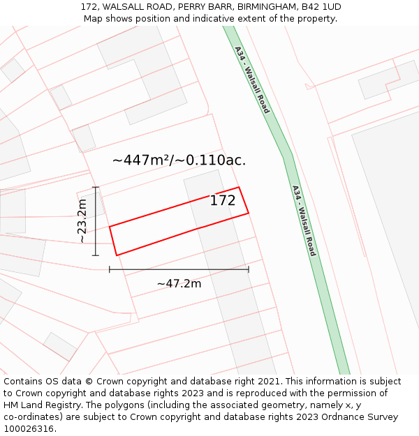 172, WALSALL ROAD, PERRY BARR, BIRMINGHAM, B42 1UD: Plot and title map