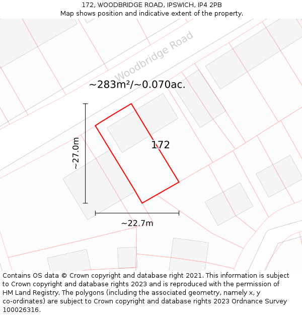 172, WOODBRIDGE ROAD, IPSWICH, IP4 2PB: Plot and title map