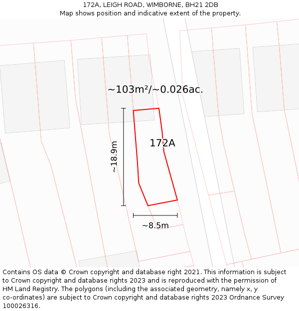 172A, LEIGH ROAD, WIMBORNE, BH21 2DB: Plot and title map