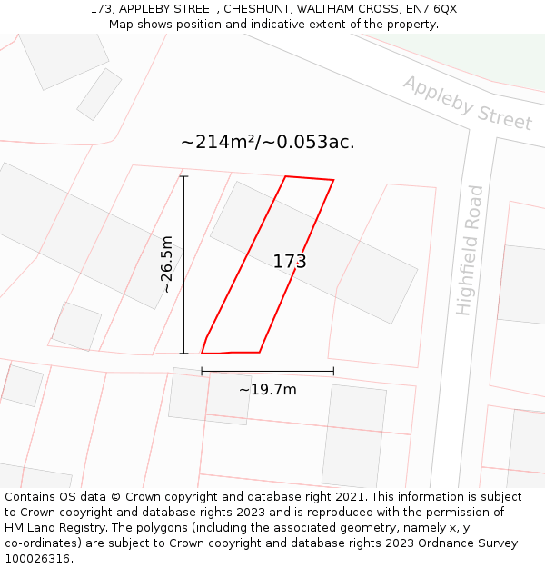 173, APPLEBY STREET, CHESHUNT, WALTHAM CROSS, EN7 6QX: Plot and title map