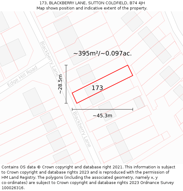 173, BLACKBERRY LANE, SUTTON COLDFIELD, B74 4JH: Plot and title map