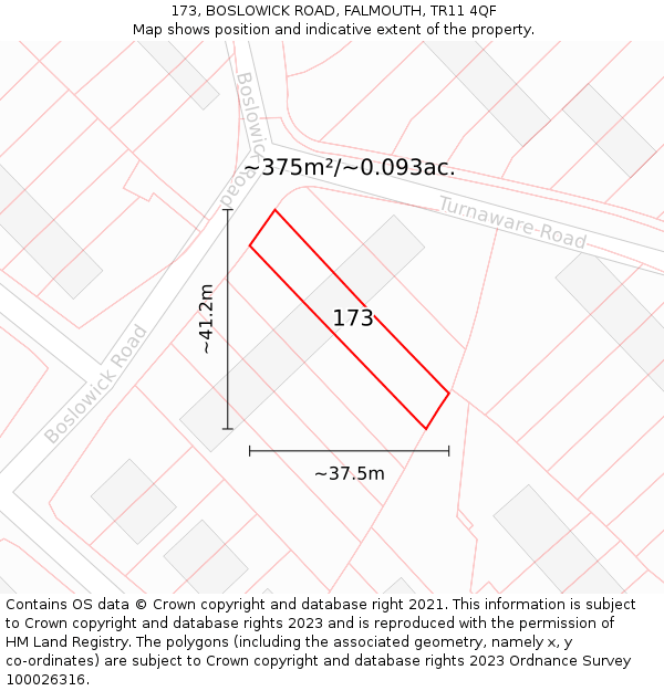 173, BOSLOWICK ROAD, FALMOUTH, TR11 4QF: Plot and title map