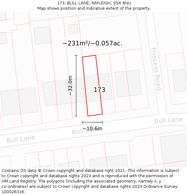 173, BULL LANE, RAYLEIGH, SS6 8NU: Plot and title map